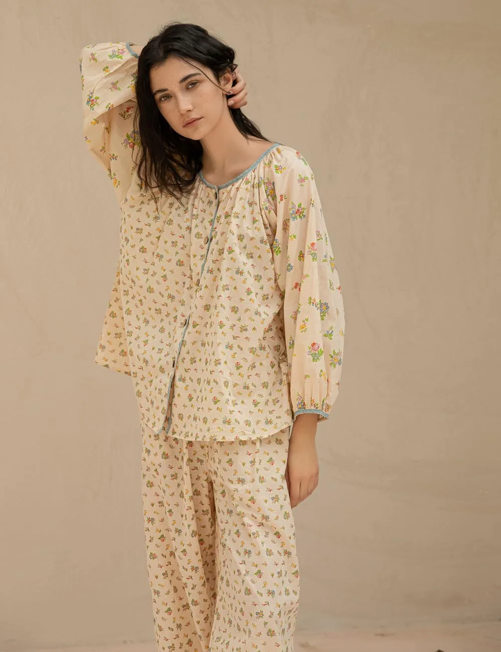 100% Cotton Women's Pajama Set, Long Sleeve Floral Loungewear, Beige
