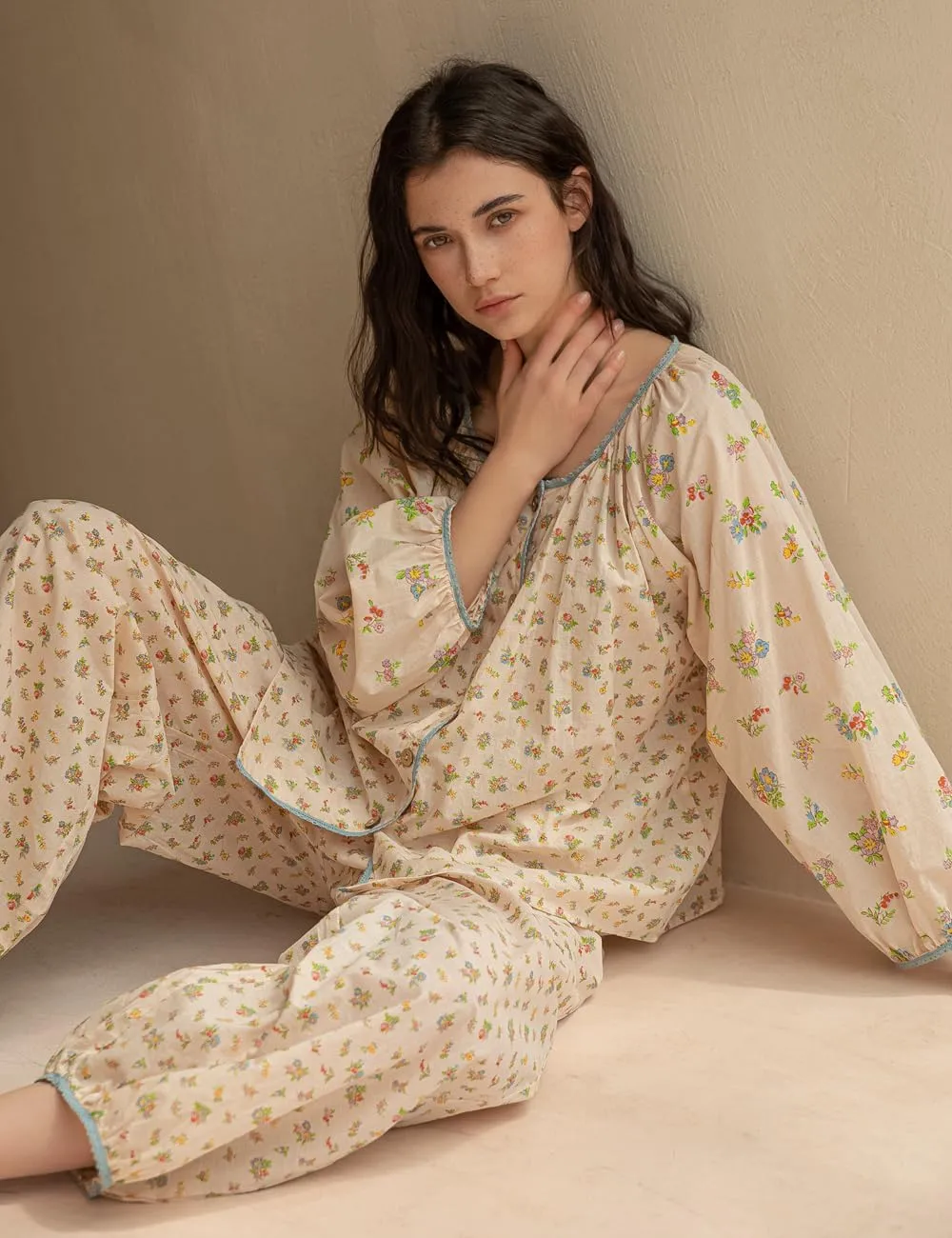 100% Cotton Women's Pajama Set, Long Sleeve Floral Loungewear, Beige