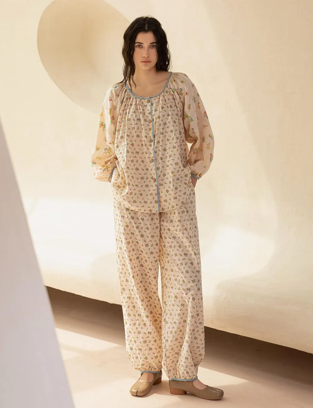 100% Cotton Women's Pajama Set, Long Sleeve Floral Loungewear, Beige
