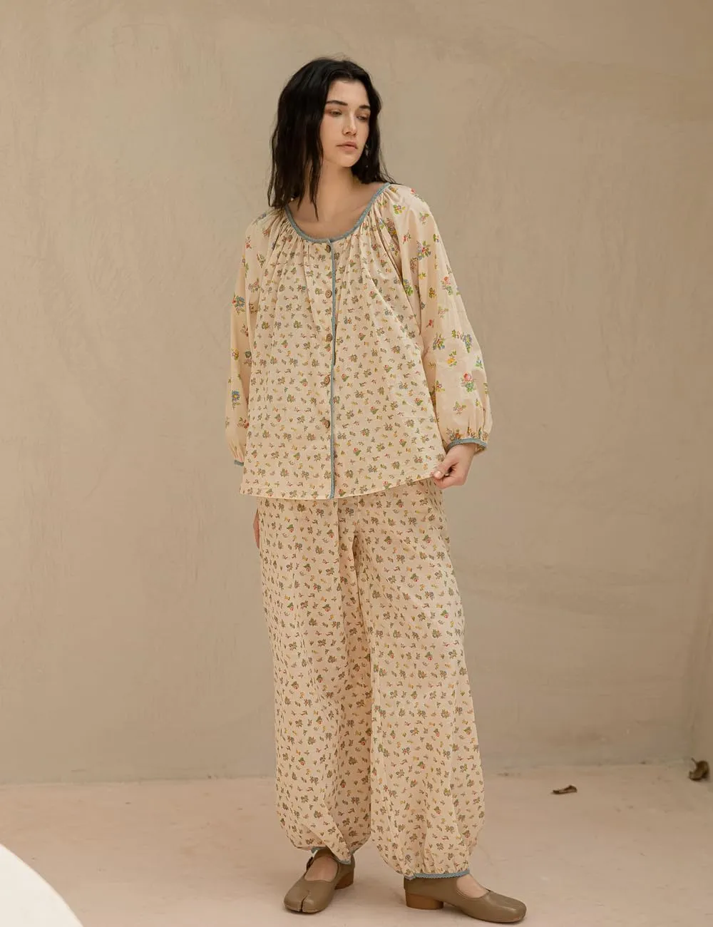 100% Cotton Women's Pajama Set, Long Sleeve Floral Loungewear, Beige