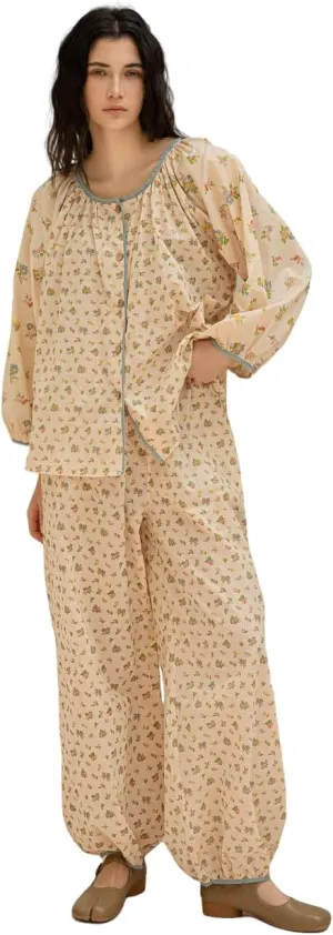 100% Cotton Women's Pajama Set, Long Sleeve Floral Loungewear, Beige