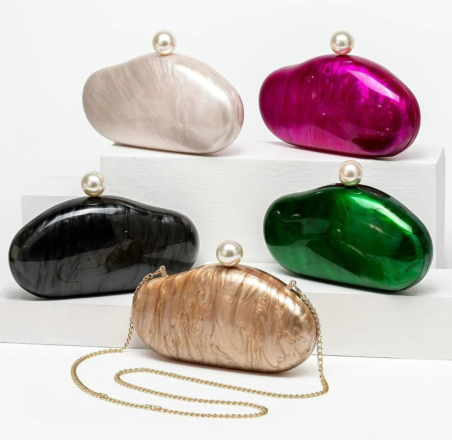 2025 Women Acrylic Clutch Bag Elegant Marble Pattern Pearl Accent Chain Crossbody Shell Shape Wedding Evening Purse