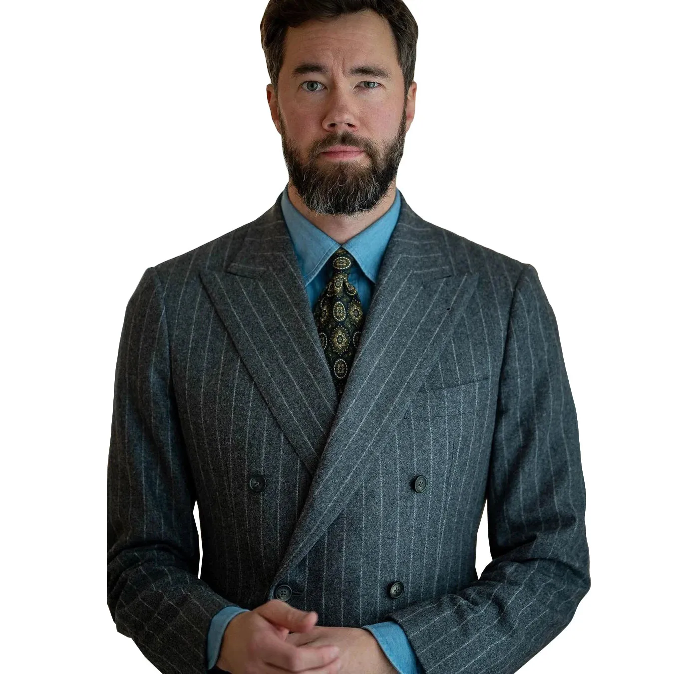 Aidase Gray Men Suits 2 Pieces Blazer Pants Double Breasted Pinstripes Business Modern Wedding Groom Formal Work Party Causal Tailored