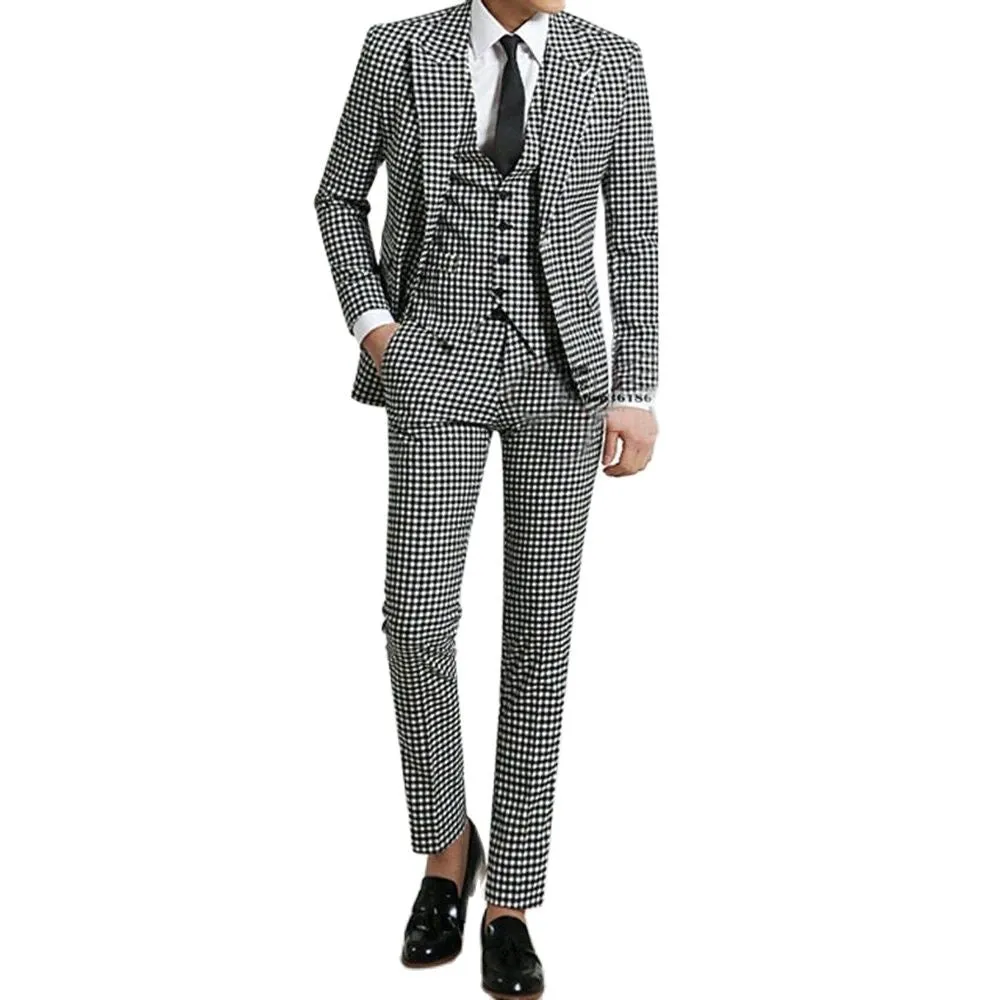 Aidase White/Black Plaid Men Suits For Wedding Slim Fit Groom Wear Blazers 3 Pieces Set Jacket Vest Pants Custom Made Fashion Outfits