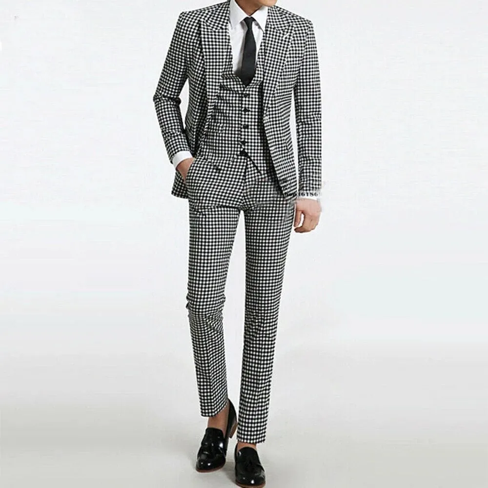 Aidase White/Black Plaid Men Suits For Wedding Slim Fit Groom Wear Blazers 3 Pieces Set Jacket Vest Pants Custom Made Fashion Outfits