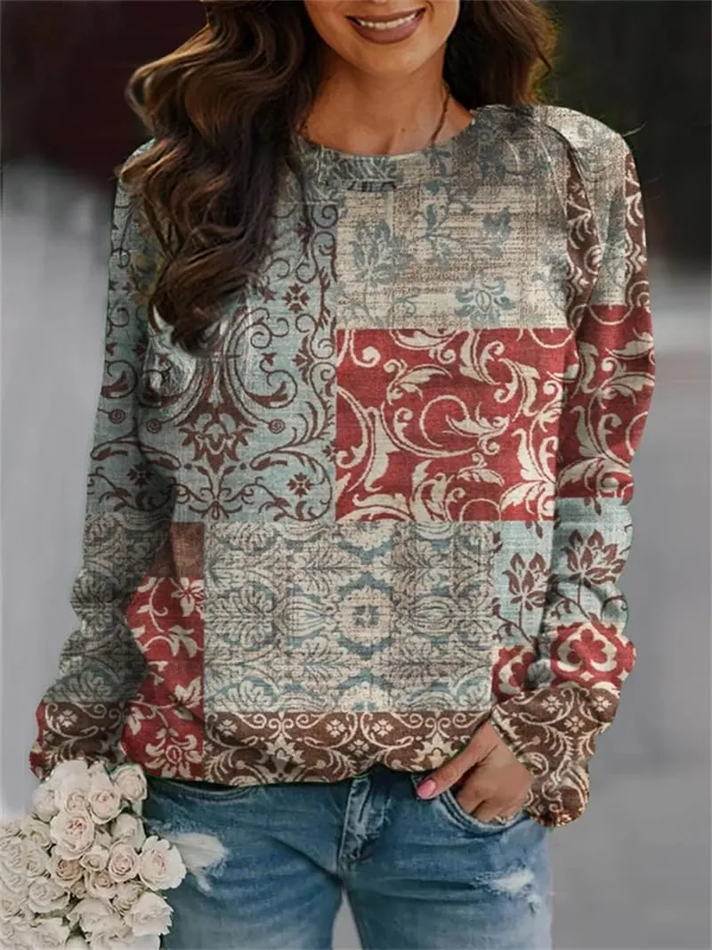 Akivide Women Casual Lightweight Sweatshirt Oversized Floral Print Long Sleeve Crewneck Trendy Graphic Top Pullover