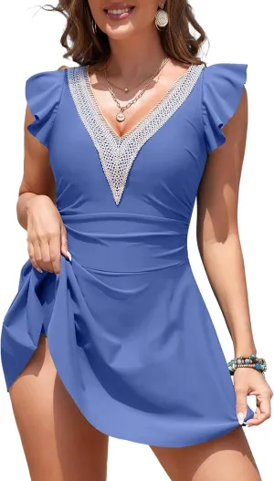 Aleumdr Women Swim Dress One Piece Swimsuit with Skirt Tummy Control Bathing Suits Modest Swimwear Swim Romper