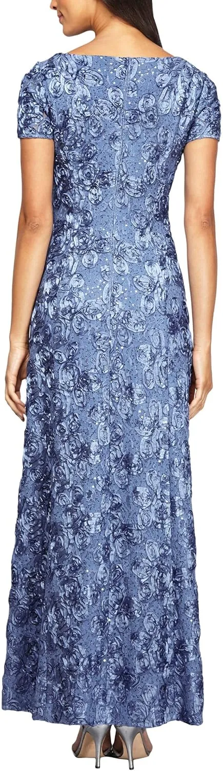 Alex Evenings Women's Long Rosette Mother of The Bride Dress with Short Sleeves, Wedding Guest (Petite and Regular Sizes)