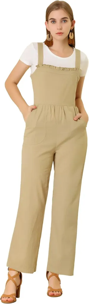 Allegra K Women's Cotton Casual Vintage Pockets Wide Leg Overalls Jumpsuit