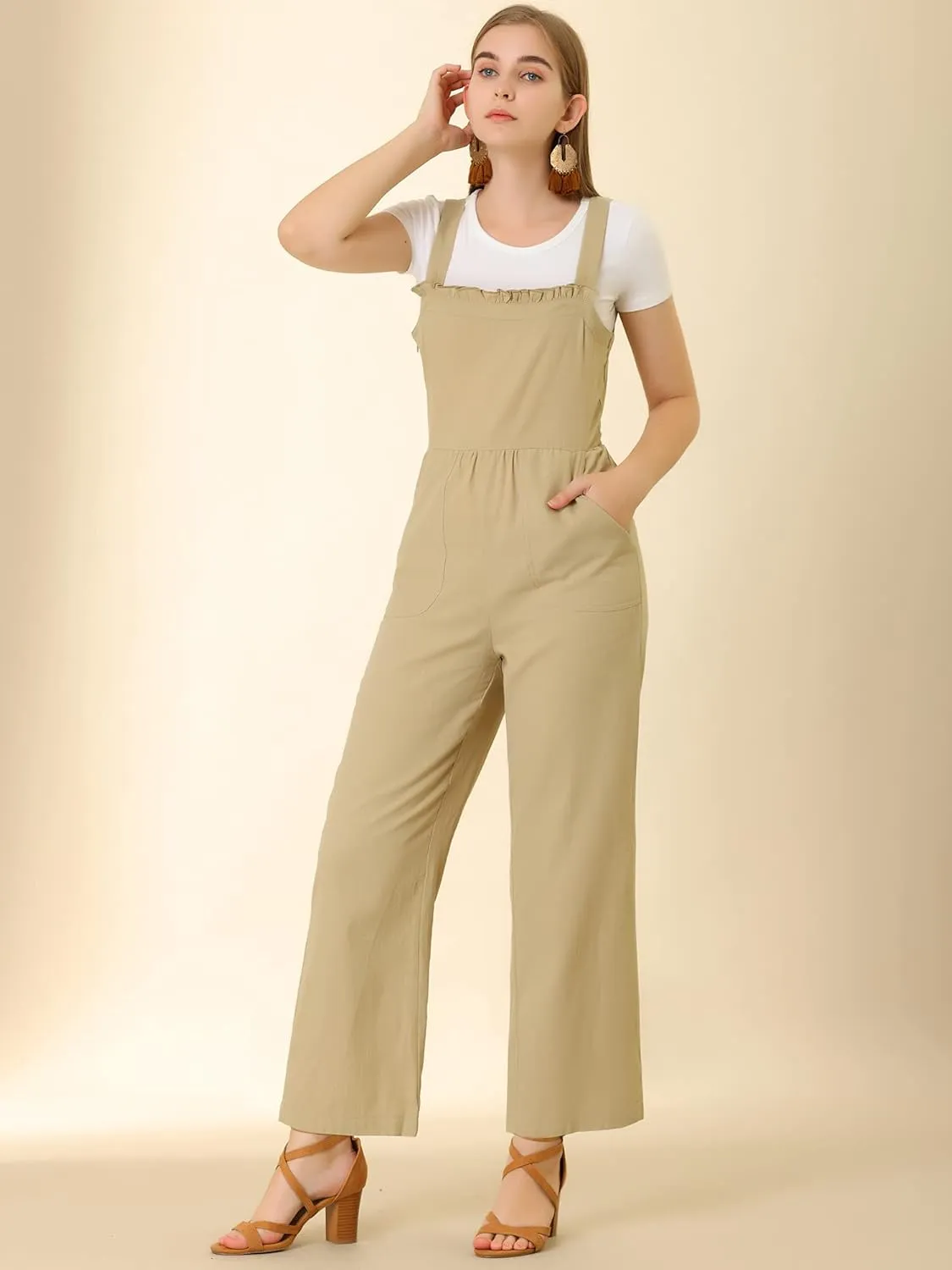 Allegra K Women's Cotton Casual Vintage Pockets Wide Leg Overalls Jumpsuit