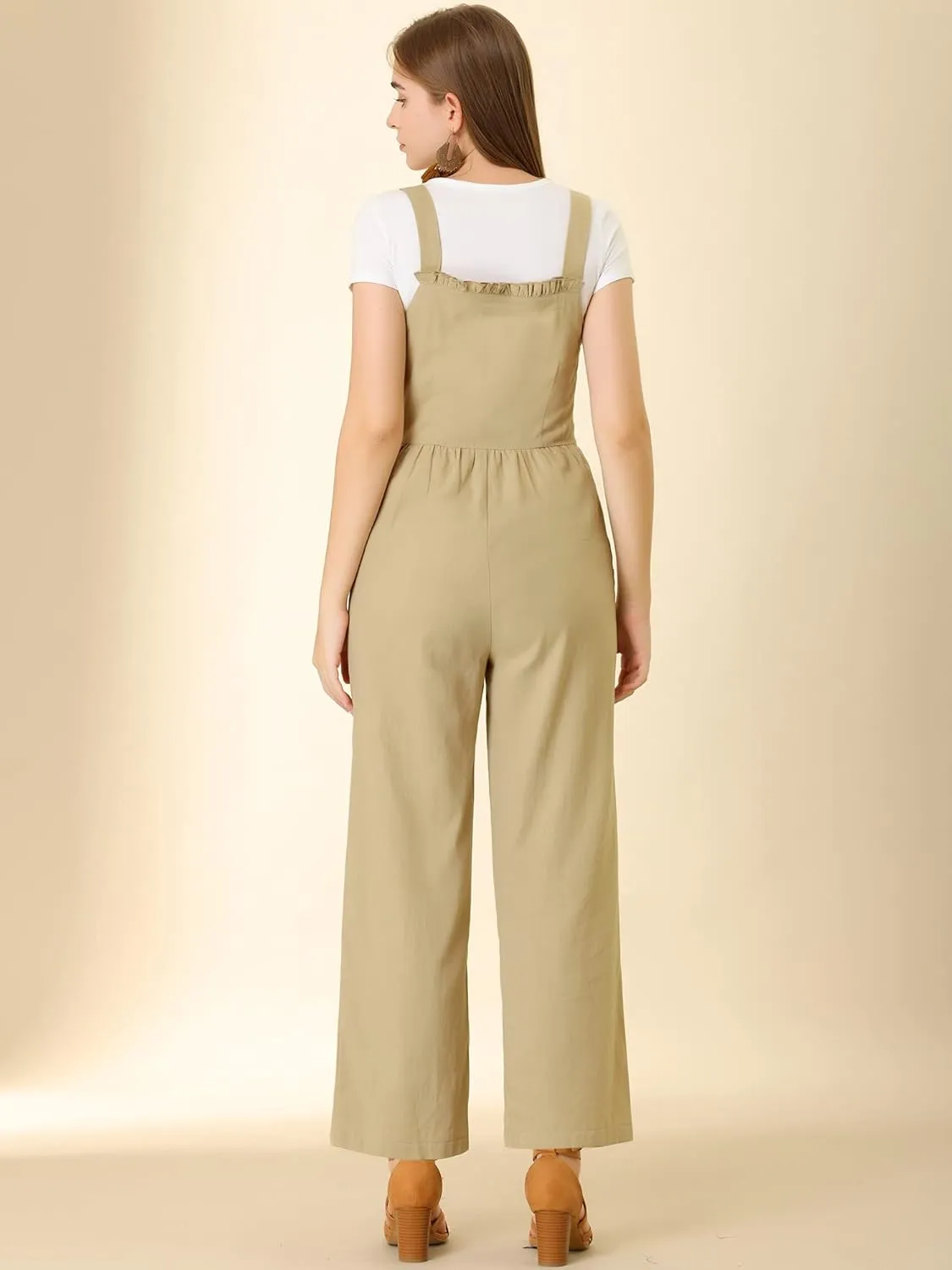 Allegra K Women's Cotton Casual Vintage Pockets Wide Leg Overalls Jumpsuit