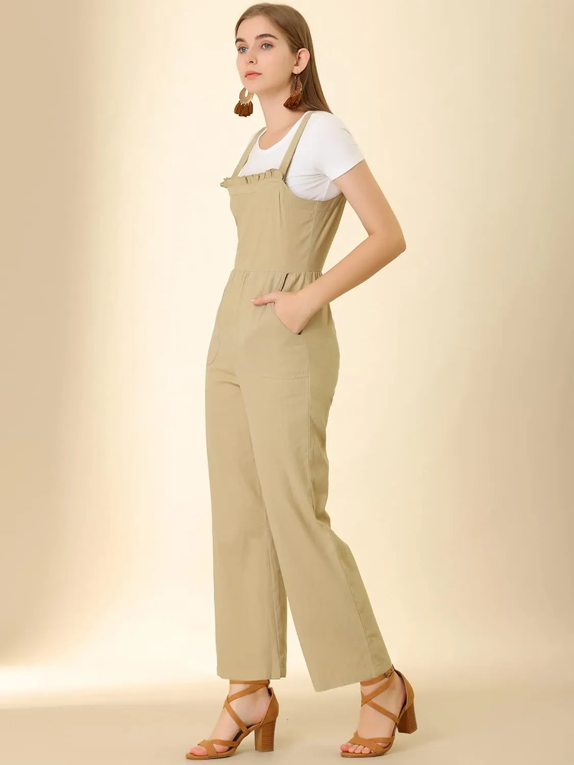 Allegra K Women's Cotton Casual Vintage Pockets Wide Leg Overalls Jumpsuit