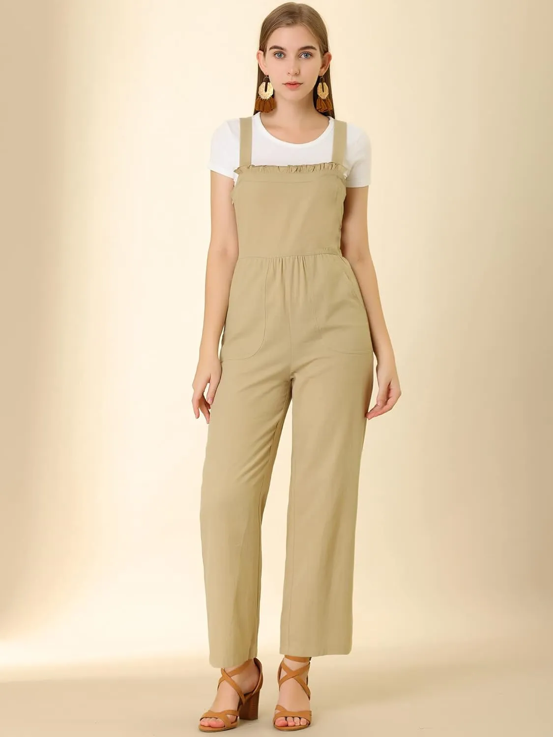 Allegra K Women's Cotton Casual Vintage Pockets Wide Leg Overalls Jumpsuit