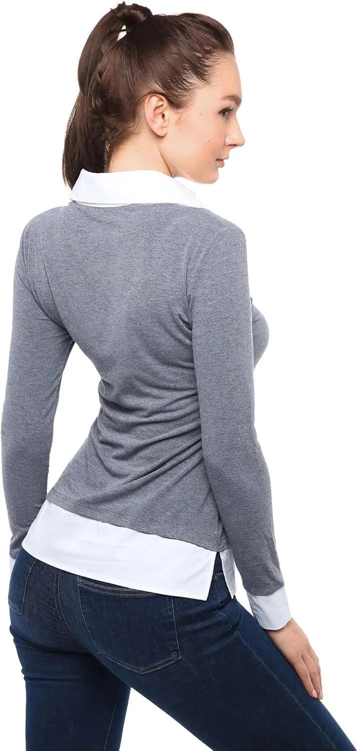 AmlieBoutik Women Faux Shirt 2 in 1 Style Long Sleeve Pullover Blouse Top