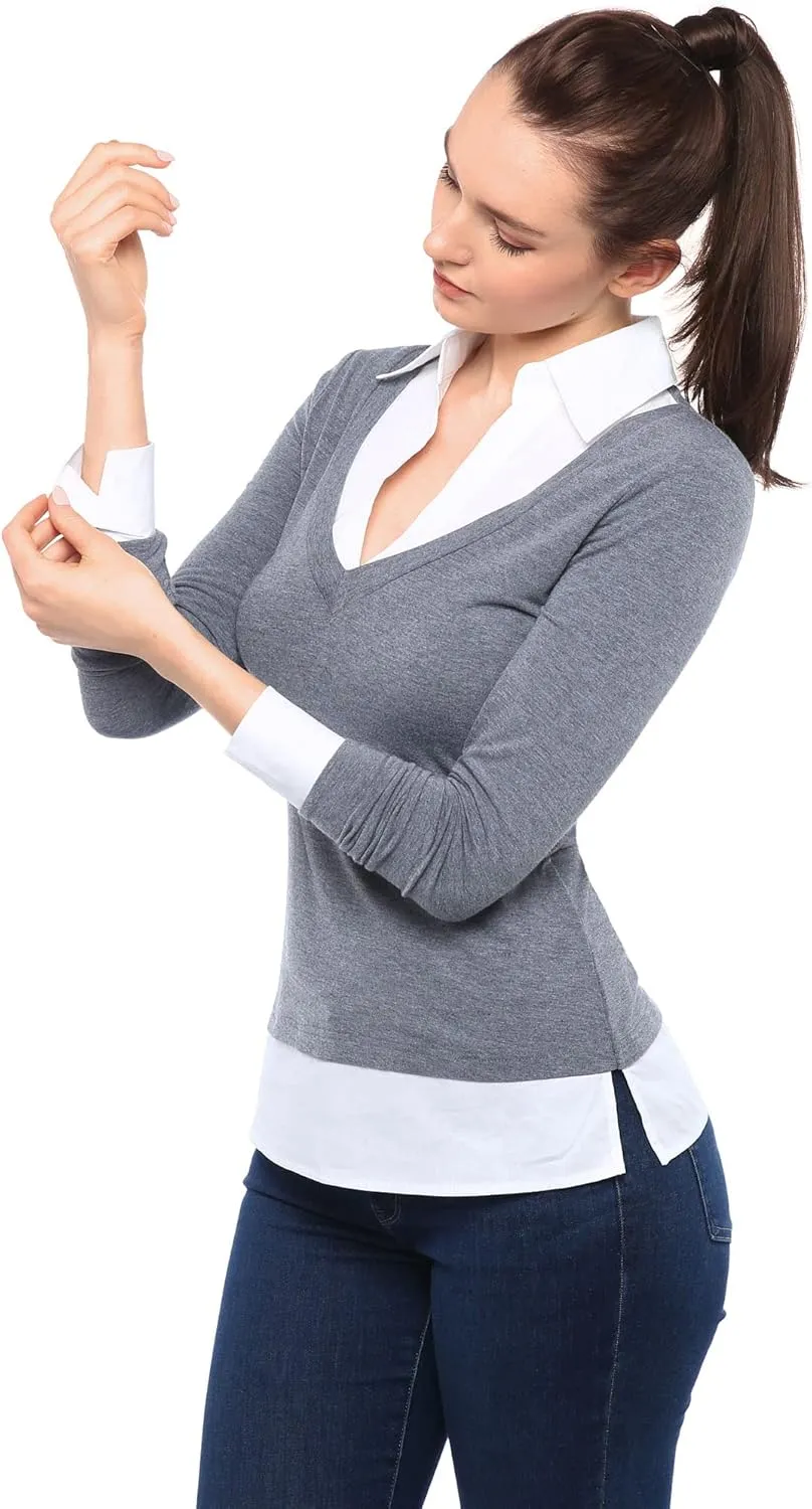 AmlieBoutik Women Faux Shirt 2 in 1 Style Long Sleeve Pullover Blouse Top