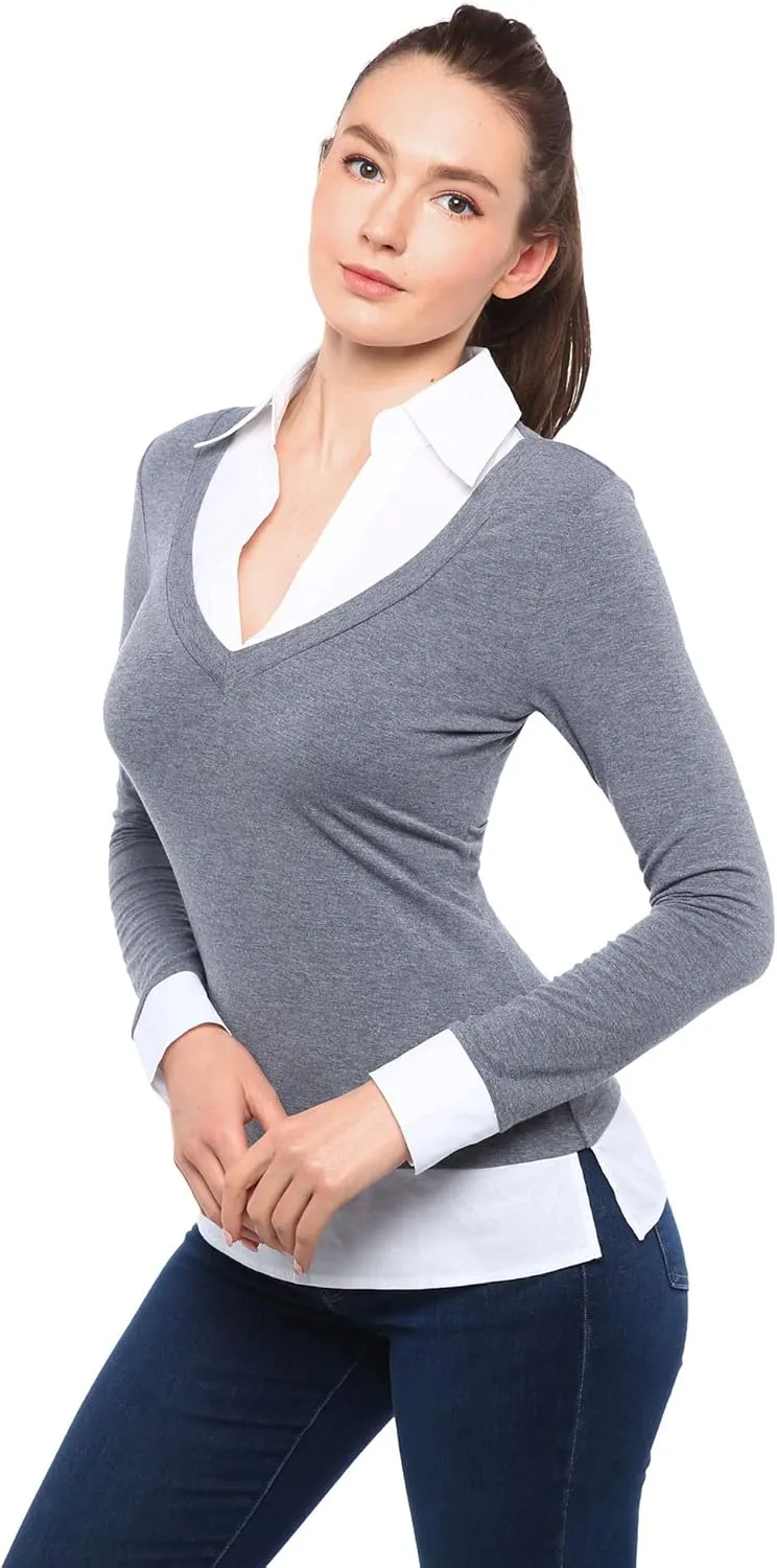 AmlieBoutik Women Faux Shirt 2 in 1 Style Long Sleeve Pullover Blouse Top