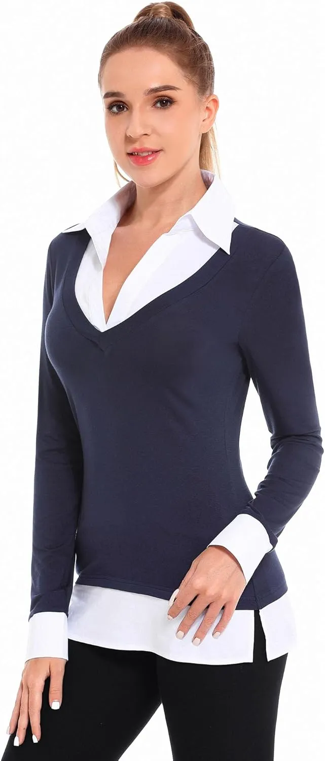AmlieBoutik Women Faux Shirt 2 in 1 Style Long Sleeve Pullover Blouse Top