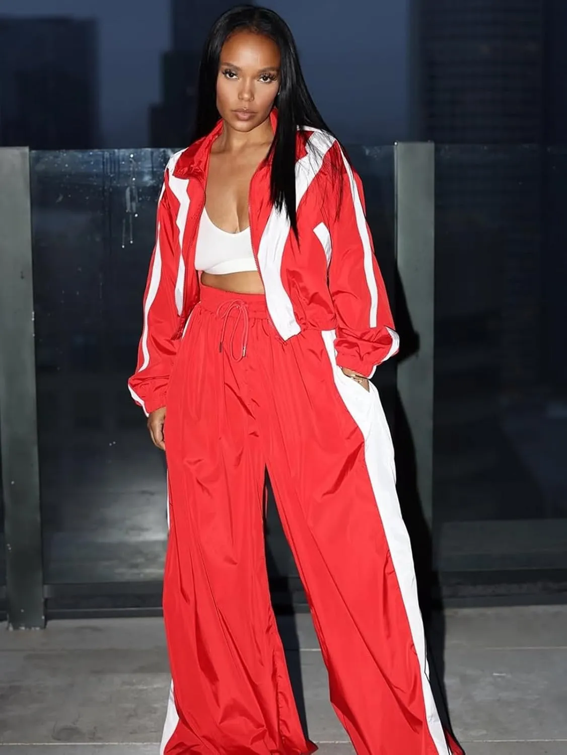 Angsuttc Track Suits for Women Set Color Block Two Piece Long Sleeve Cropped Jacket and Wide Leg Pants Outfits
