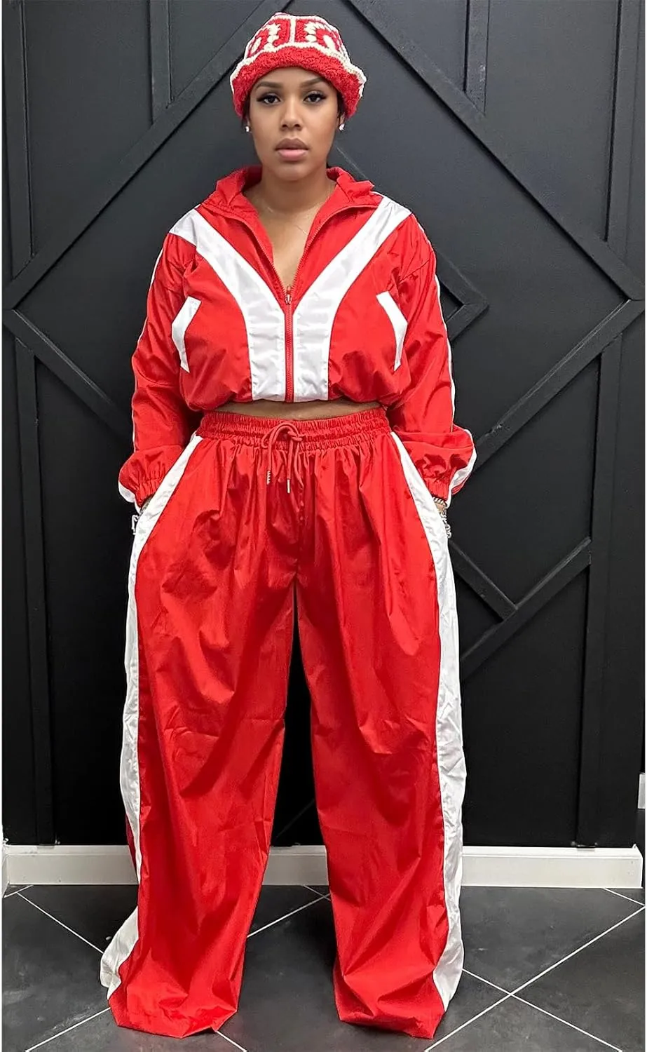 Angsuttc Track Suits for Women Set Color Block Two Piece Long Sleeve Cropped Jacket and Wide Leg Pants Outfits