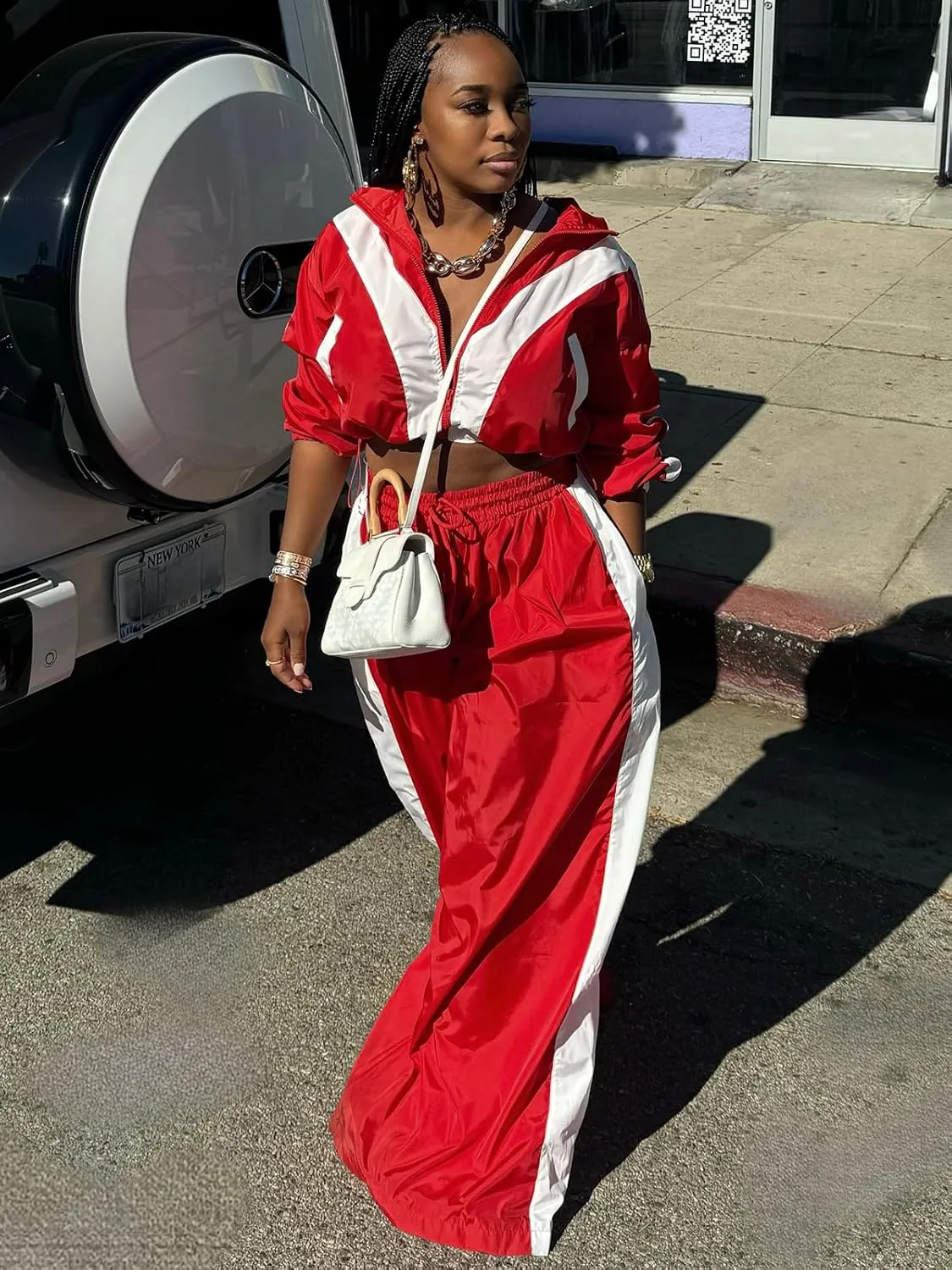 Angsuttc Track Suits for Women Set Color Block Two Piece Long Sleeve Cropped Jacket and Wide Leg Pants Outfits