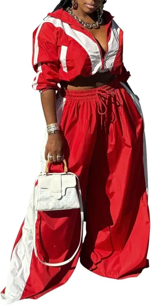 Angsuttc Track Suits for Women Set Color Block Two Piece Long Sleeve Cropped Jacket and Wide Leg Pants Outfits