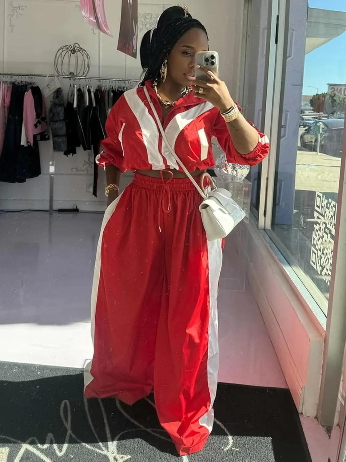 Angsuttc Track Suits for Women Set Color Block Two Piece Long Sleeve Cropped Jacket and Wide Leg Pants Outfits