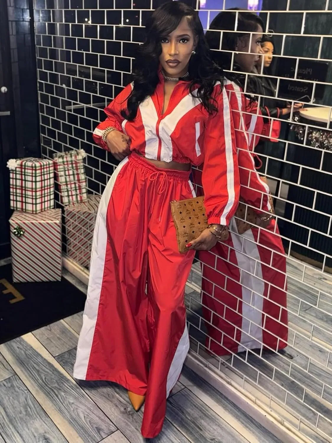 Angsuttc Track Suits for Women Set Color Block Two Piece Long Sleeve Cropped Jacket and Wide Leg Pants Outfits