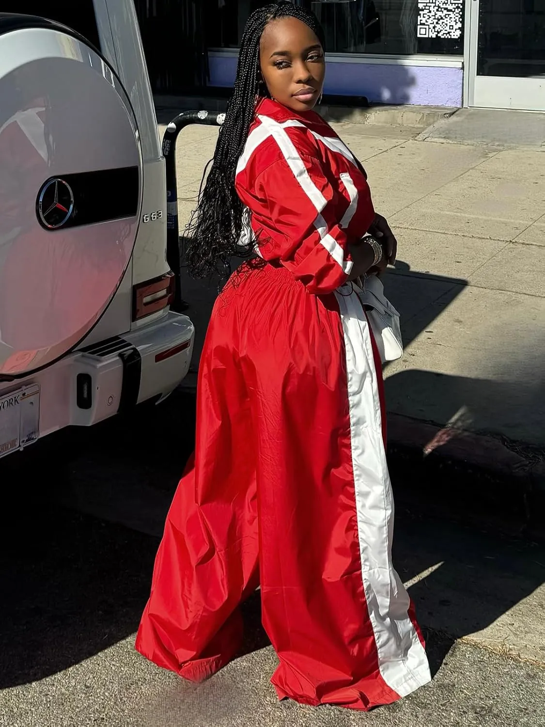 Angsuttc Track Suits for Women Set Color Block Two Piece Long Sleeve Cropped Jacket and Wide Leg Pants Outfits
