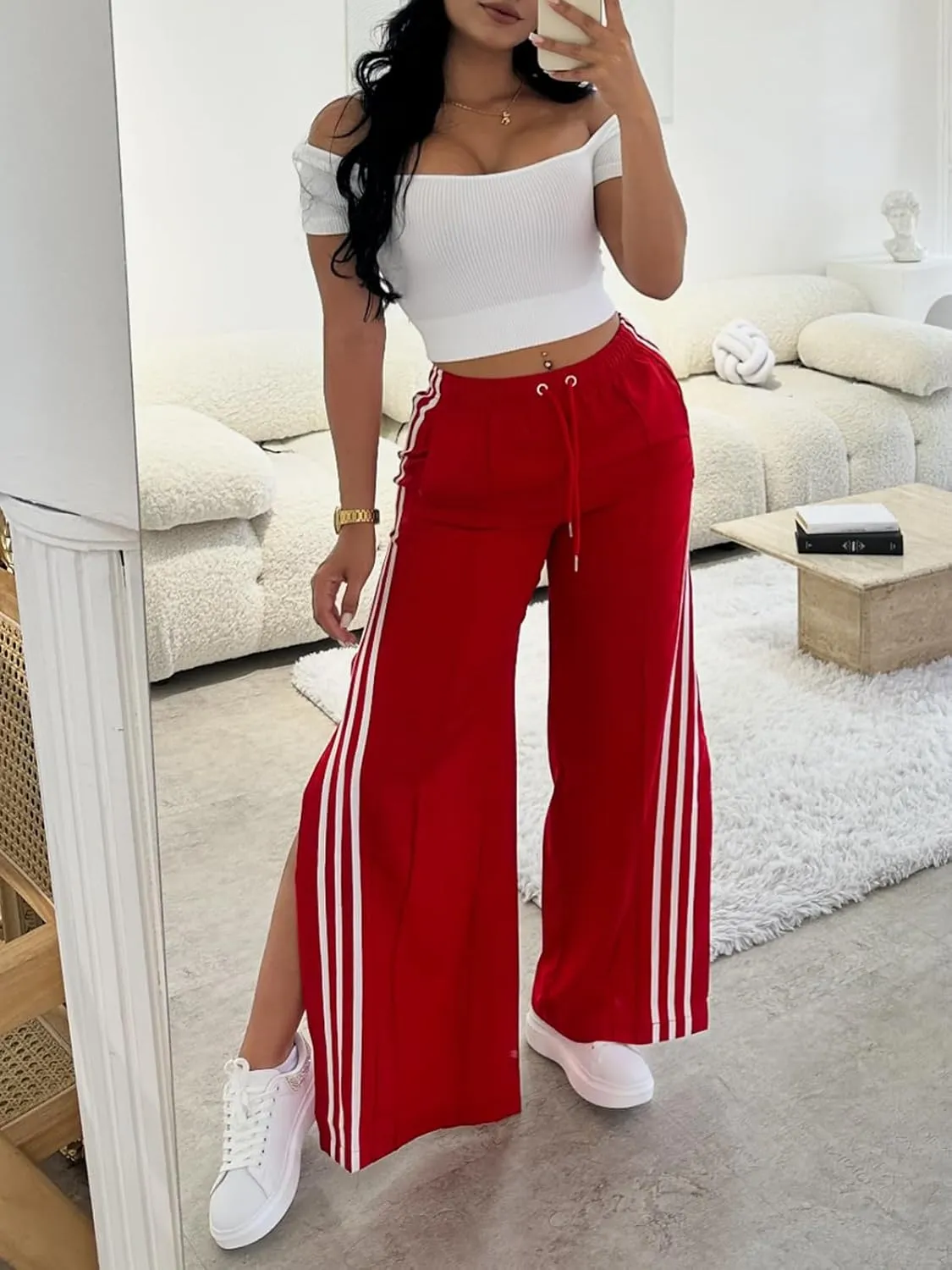 Angsuttc Wide Leg Pants Women Drawstring Side Split Sweatpants with Stripes Casual Elastic High Waist Long Pant