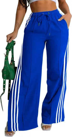 Angsuttc Wide Leg Pants Women Drawstring Side Split Sweatpants with Stripes Casual Elastic High Waist Long Pant