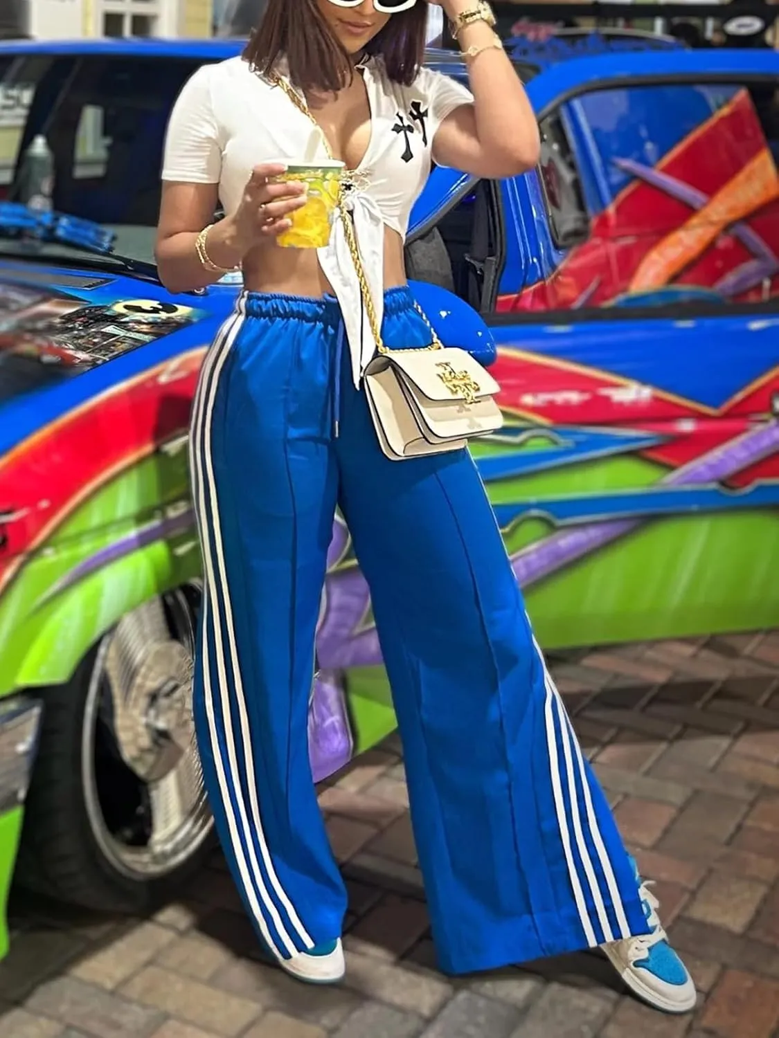 Angsuttc Wide Leg Pants Women Drawstring Side Split Sweatpants with Stripes Casual Elastic High Waist Long Pant