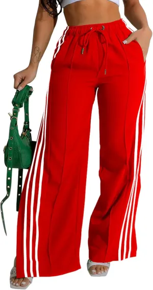 Angsuttc Wide Leg Pants Women Drawstring Side Split Sweatpants with Stripes Casual Elastic High Waist Long Pant
