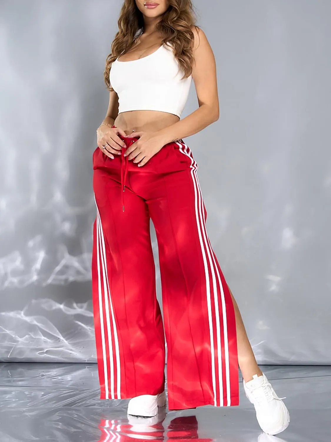 Angsuttc Wide Leg Pants Women Drawstring Side Split Sweatpants with Stripes Casual Elastic High Waist Long Pant