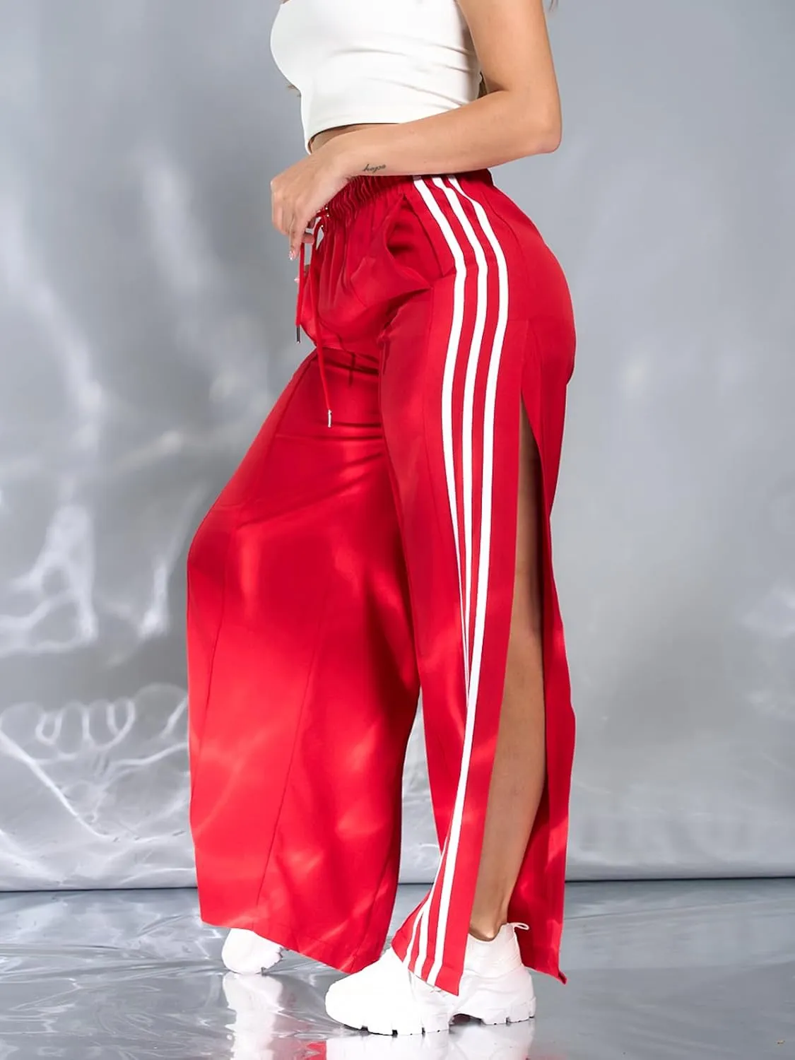 Angsuttc Wide Leg Pants Women Drawstring Side Split Sweatpants with Stripes Casual Elastic High Waist Long Pant