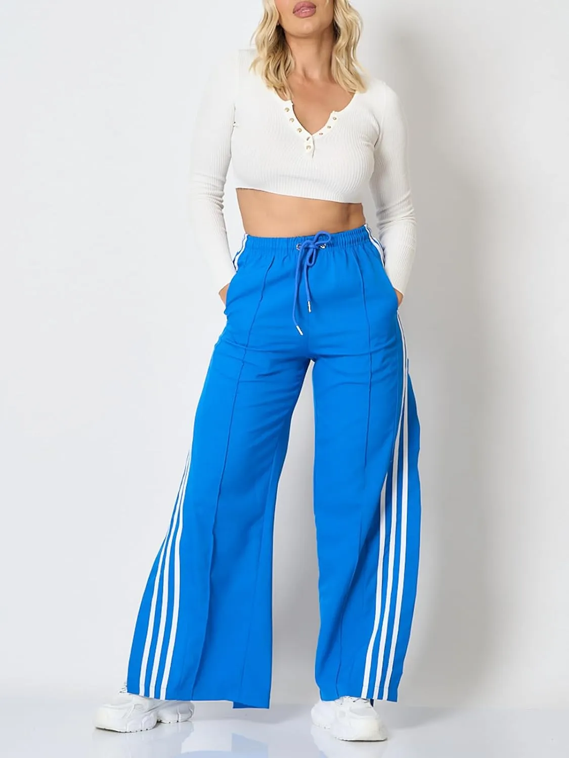 Angsuttc Wide Leg Pants Women Drawstring Side Split Sweatpants with Stripes Casual Elastic High Waist Long Pant