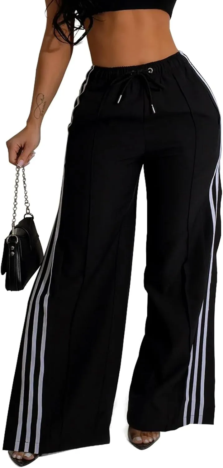 Angsuttc Wide Leg Sweatpants Drawstring High Split Long Pants with White Stripes Casual Elastic High Waist Pant Black M
