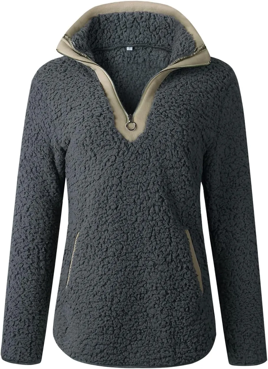 AQOTHES Womens Loose Casual Zipper Sherpa Fleece Pockets Pullover Sweatshirt for Women