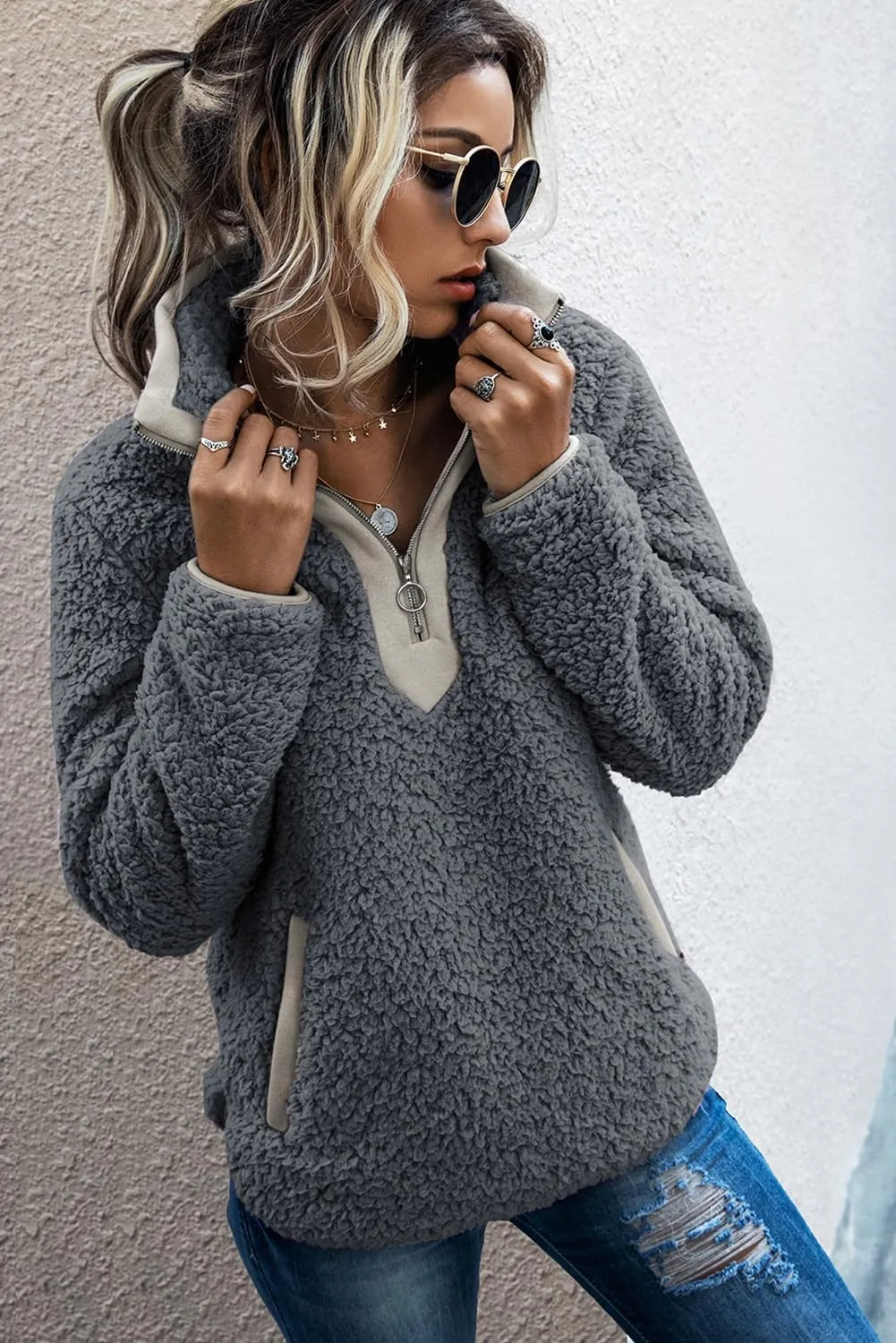 AQOTHES Womens Loose Casual Zipper Sherpa Fleece Pockets Pullover Sweatshirt for Women