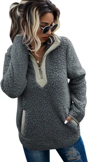 AQOTHES Womens Loose Casual Zipper Sherpa Fleece Pockets Pullover Sweatshirt for Women