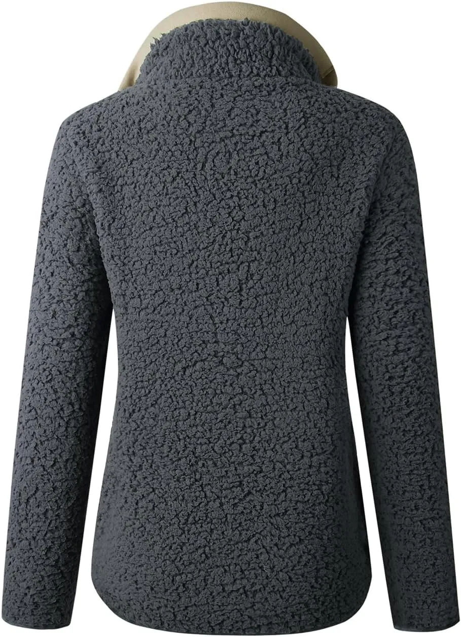 AQOTHES Womens Loose Casual Zipper Sherpa Fleece Pockets Pullover Sweatshirt for Women
