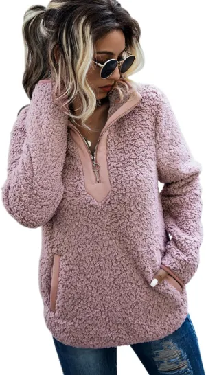 AQOTHES Womens Loose Casual Zipper Sherpa Fleece Pockets Pullover Sweatshirt for Women