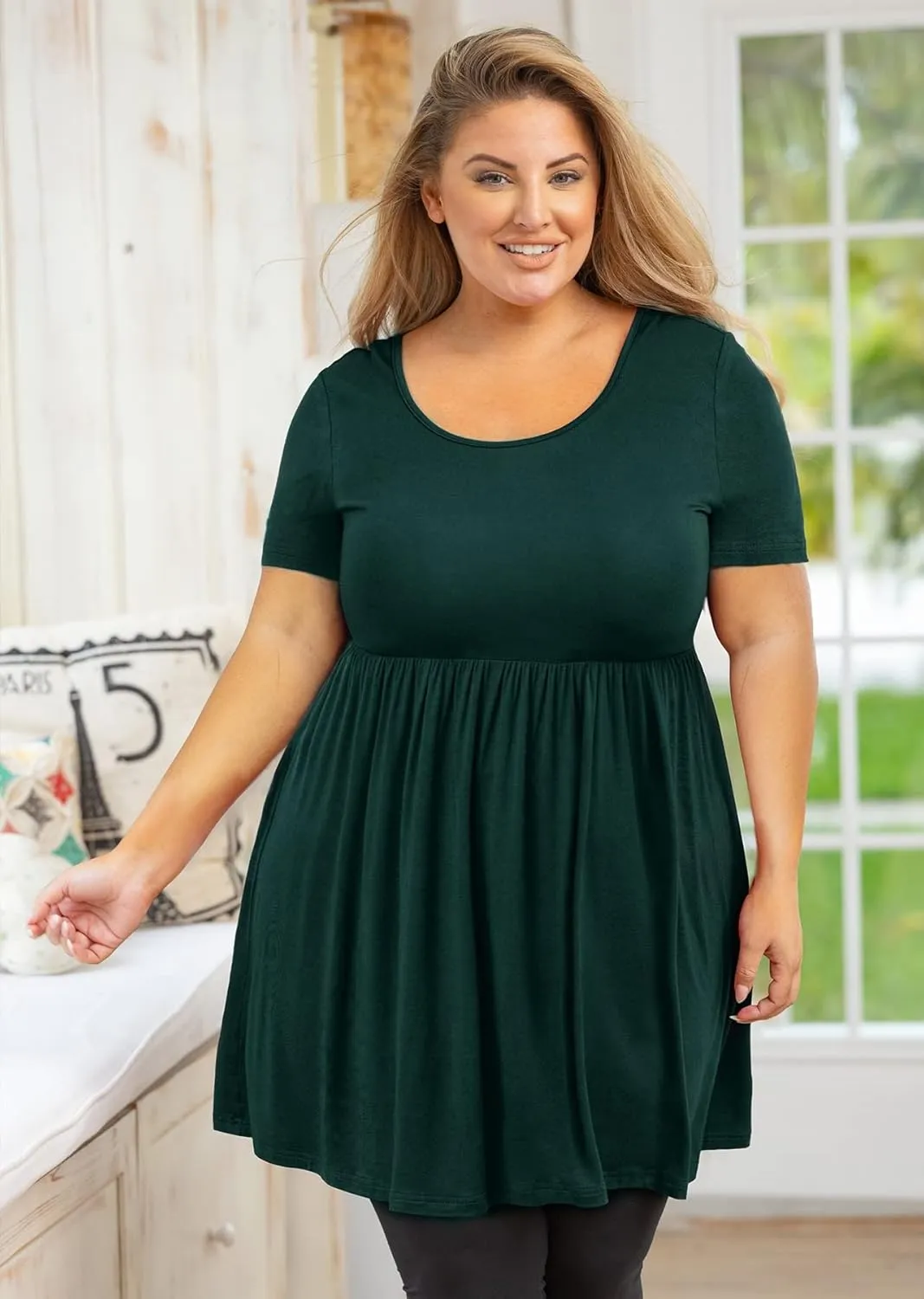 AusLook Women's Plus Size Tunic Short Sleeve Clothes Scoop Neck Summer Tops Pleated Flowy Loose Fit Babydoll T Shirt L-5X