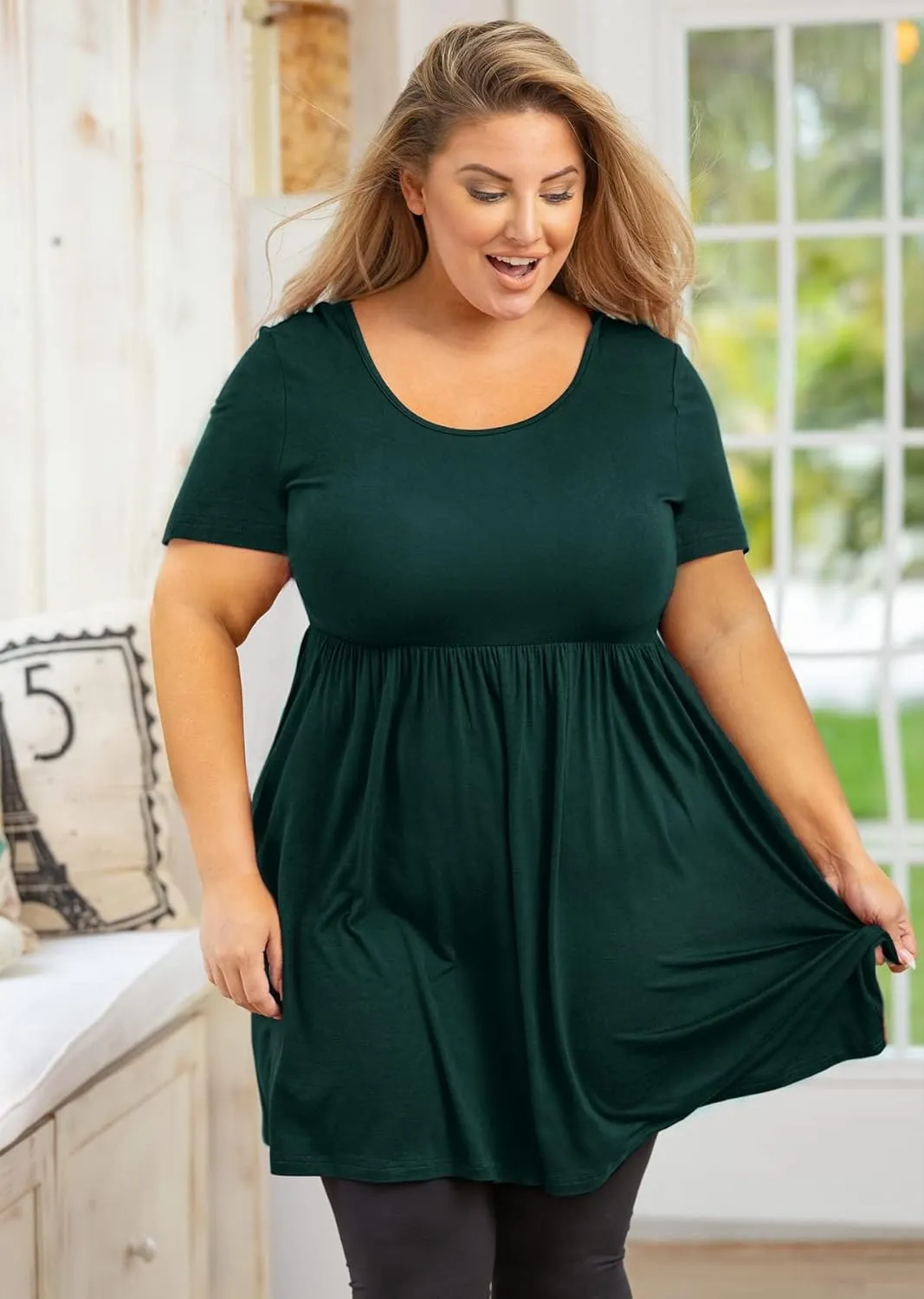 AusLook Women's Plus Size Tunic Short Sleeve Clothes Scoop Neck Summer Tops Pleated Flowy Loose Fit Babydoll T Shirt L-5X