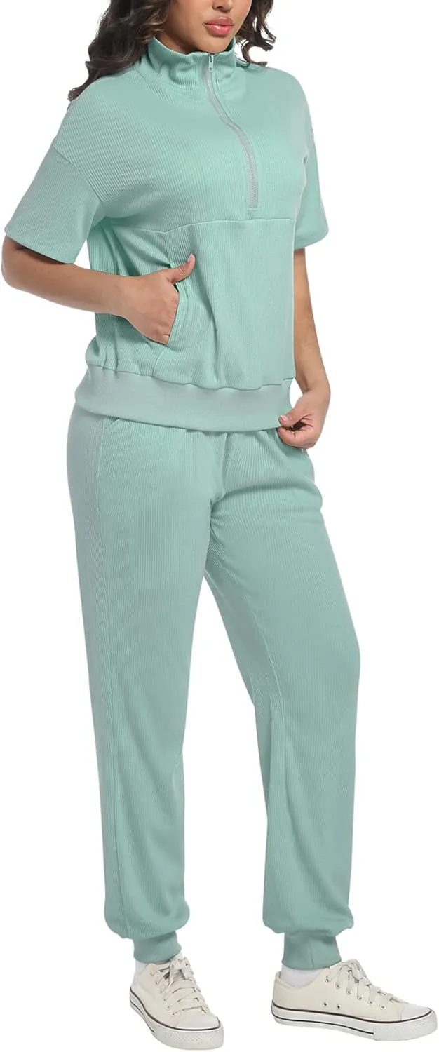 AVAMO Womens Two Piece Sets Stretch Travel Outfits 3/4 Zip Jogger Sets 2 Piece Loungewear Airport Outfits Set with Pockets