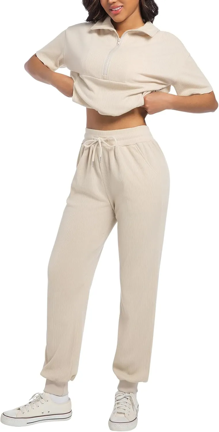 AVAMO Womens Two Piece Sets Stretch Travel Outfits 3/4 Zip Jogger Sets 2 Piece Loungewear Airport Outfits Set with Pockets