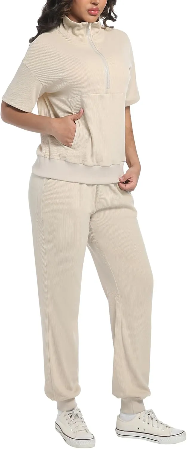 AVAMO Womens Two Piece Sets Stretch Travel Outfits 3/4 Zip Jogger Sets 2 Piece Loungewear Airport Outfits Set with Pockets