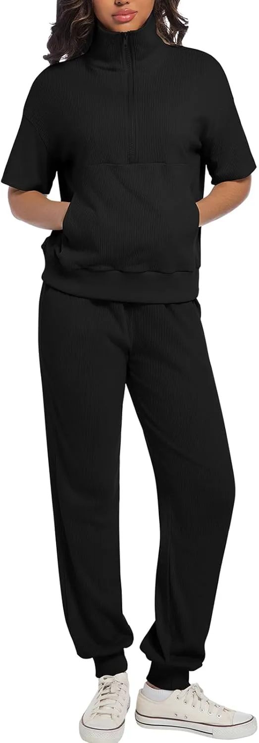 AVAMO Womens Two Piece Sets Stretch Travel Outfits 3/4 Zip Jogger Sets 2 Piece Loungewear Airport Outfits Set with Pockets