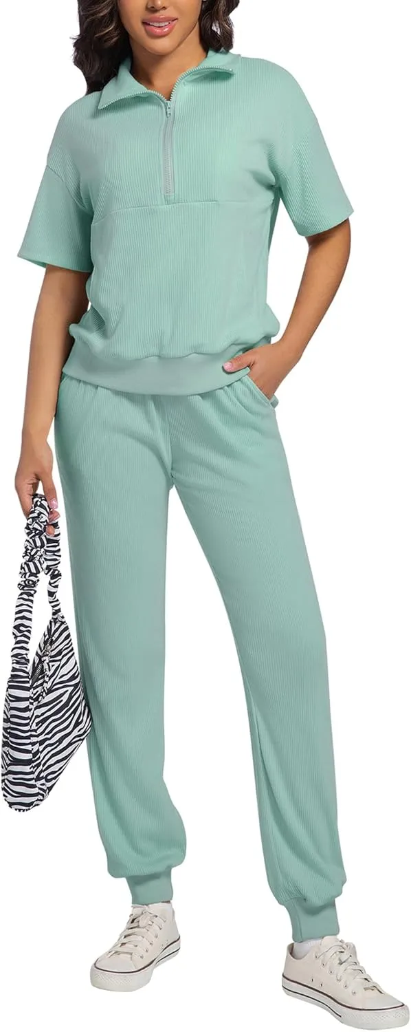 AVAMO Womens Two Piece Sets Stretch Travel Outfits 3/4 Zip Jogger Sets 2 Piece Loungewear Airport Outfits Set with Pockets