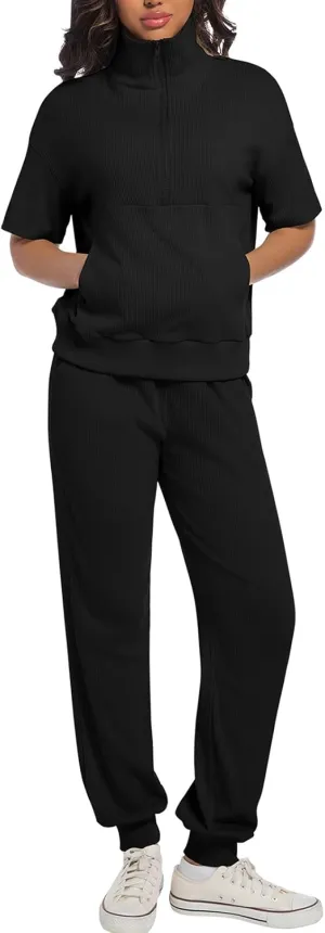 AVAMO Womens Two Piece Sets Stretch Travel Outfits 3/4 Zip Jogger Sets 2 Piece Loungewear Airport Outfits Set with Pockets