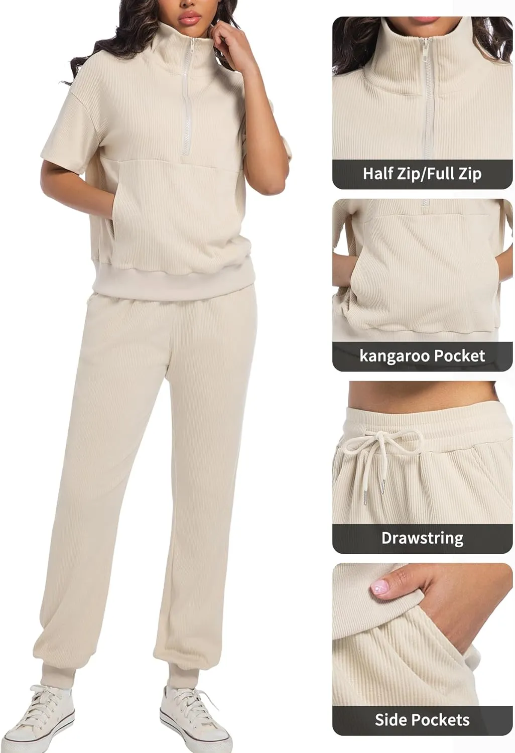 AVAMO Womens Two Piece Sets Stretch Travel Outfits 3/4 Zip Jogger Sets 2 Piece Loungewear Airport Outfits Set with Pockets